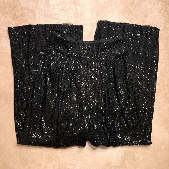 Eliza J Black Sequined Wide Leg Formal Pants High Rise Disco Whimsigoth Party - Picture 6 of 8